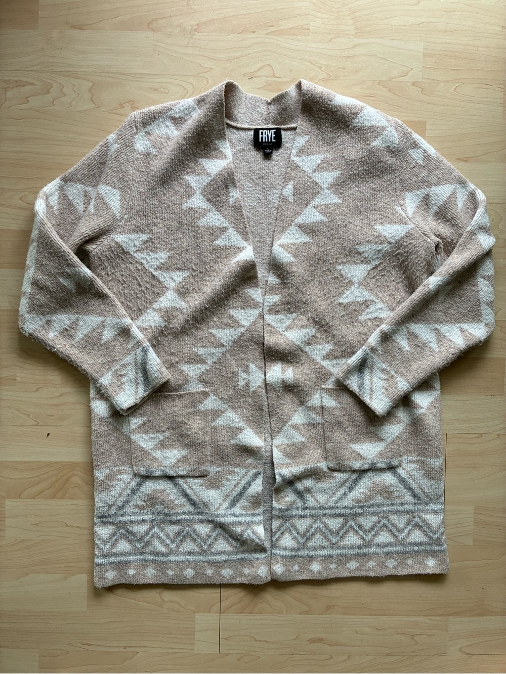 Frye Beige/Cream Geometric Knit Open Front Cardigan Sweater Pockets Women L